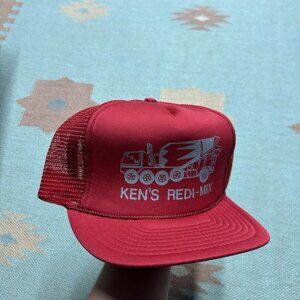 Vintage trucker hat mesh cap Ken’s redi mix concrete truck construction red snap